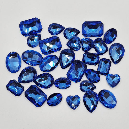 30 Pcs Blue Mixed Shapes and Sizes Glass Point Back Gems Jewels Rhinestones Hearts Teardrop Rectangle Oval Round 10x14mm 13x18mm