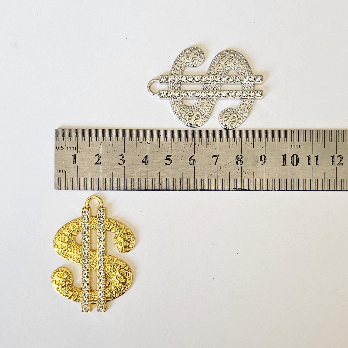 2 Pcs Rhinestone Dollar Sign Alloy Bling Gorgeous Luxury Sparkling Embellishment Cabochon Pendant Charm 50mm X 35mm