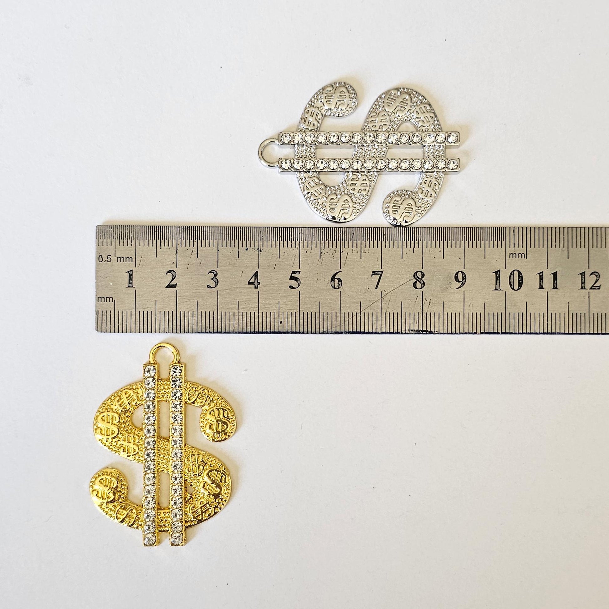 2 Pcs Rhinestone Dollar Sign Alloy Bling Gorgeous Luxury Sparkling Embellishment Cabochon Pendant Charm 50mm X 35mm