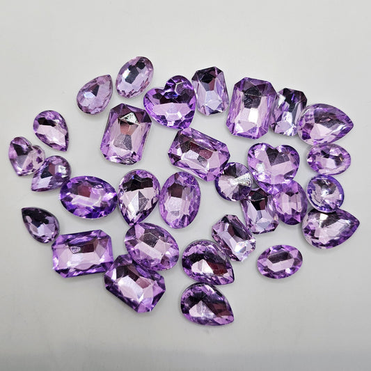 30 Pcs Crystal Purple Mixed Shapes and Sizes Glass Point Back Gems Jewels Rhinestones Hearts Teardrop Rectangle Oval Round 10x14mm 13x18mm