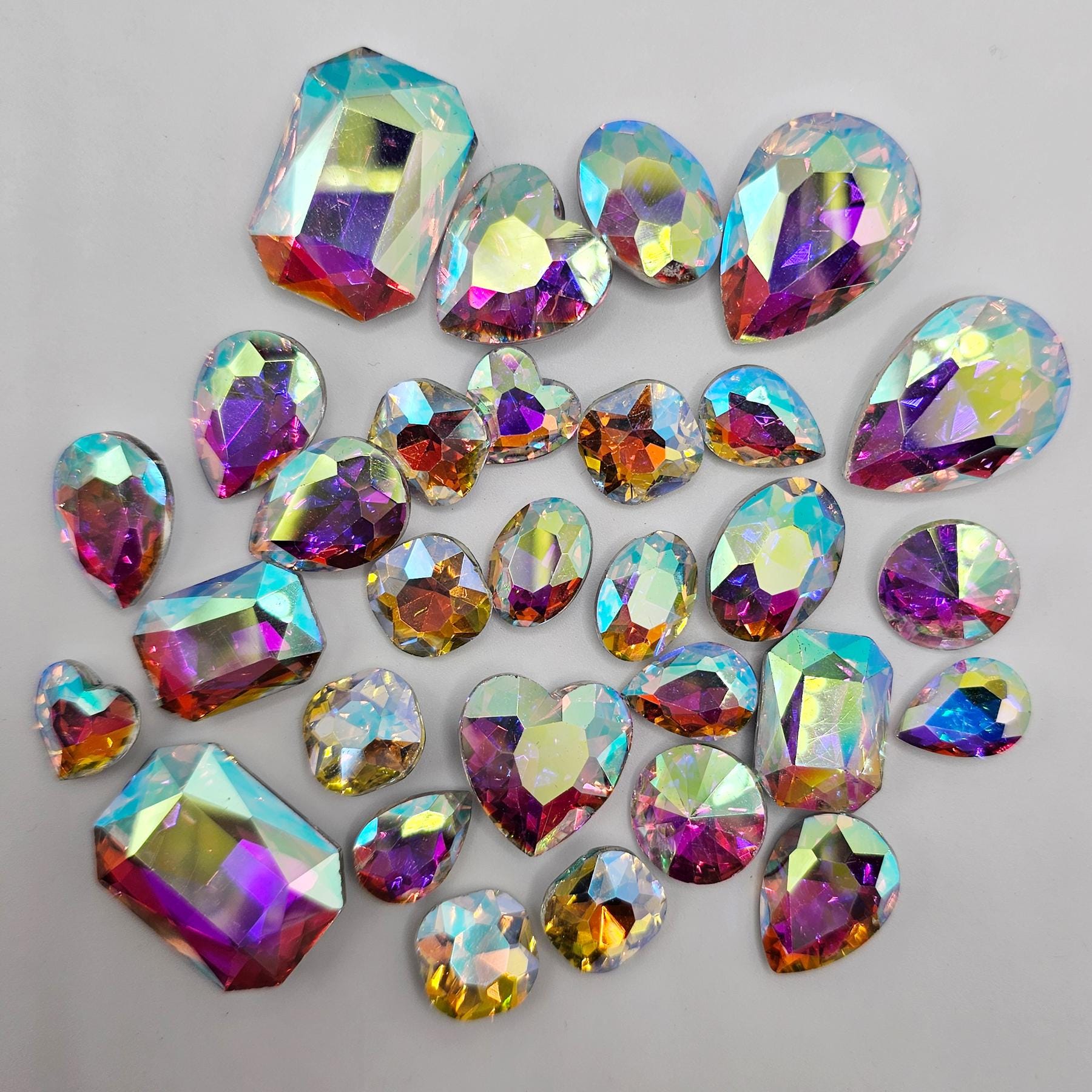30 Pcs Assorted Shapes & Sizes Glass Point Back Gems Jewels Rhinestones Hearts Teardrop Rectangle Oval 10x14mm 13x18mm 18x25mm Choose Color