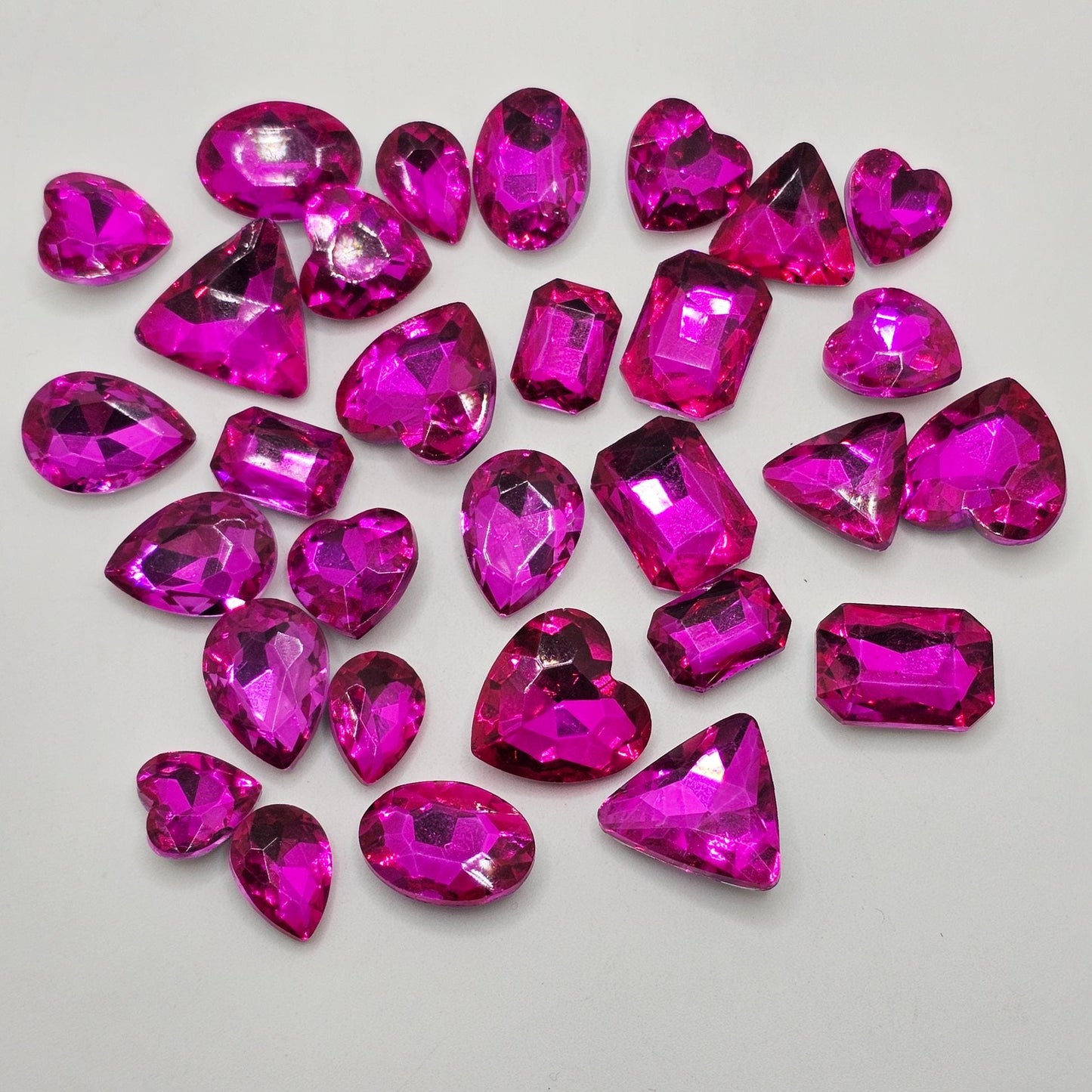 30 Pcs Hot Pink Mixed Shapes and Sizes Glass Point Back Gems Jewels Rhinestones Hearts Teardrop Rectangle Oval Round 10x14mm 13x18mm