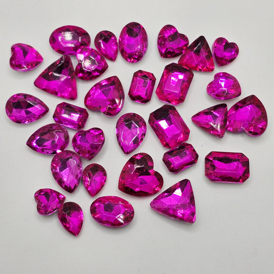 30 Pcs Hot Pink Mixed Shapes and Sizes Glass Point Back Gems Jewels Rhinestones Hearts Teardrop Rectangle Oval Round 10x14mm 13x18mm