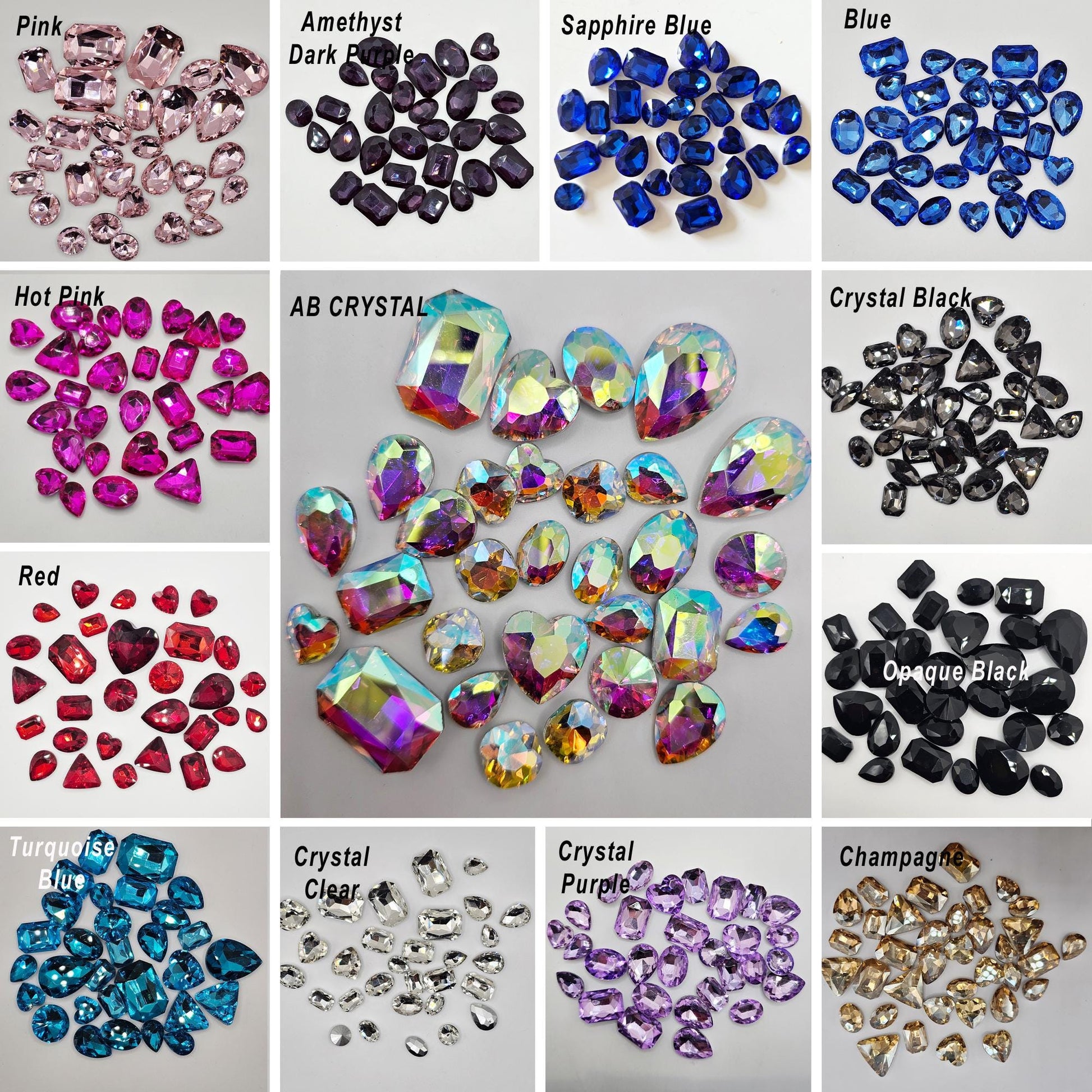 30 Pcs Assorted Shapes & Sizes Glass Point Back Gems Jewels Rhinestones Hearts Teardrop Rectangle Oval 10x14mm 13x18mm 18x25mm Choose Color