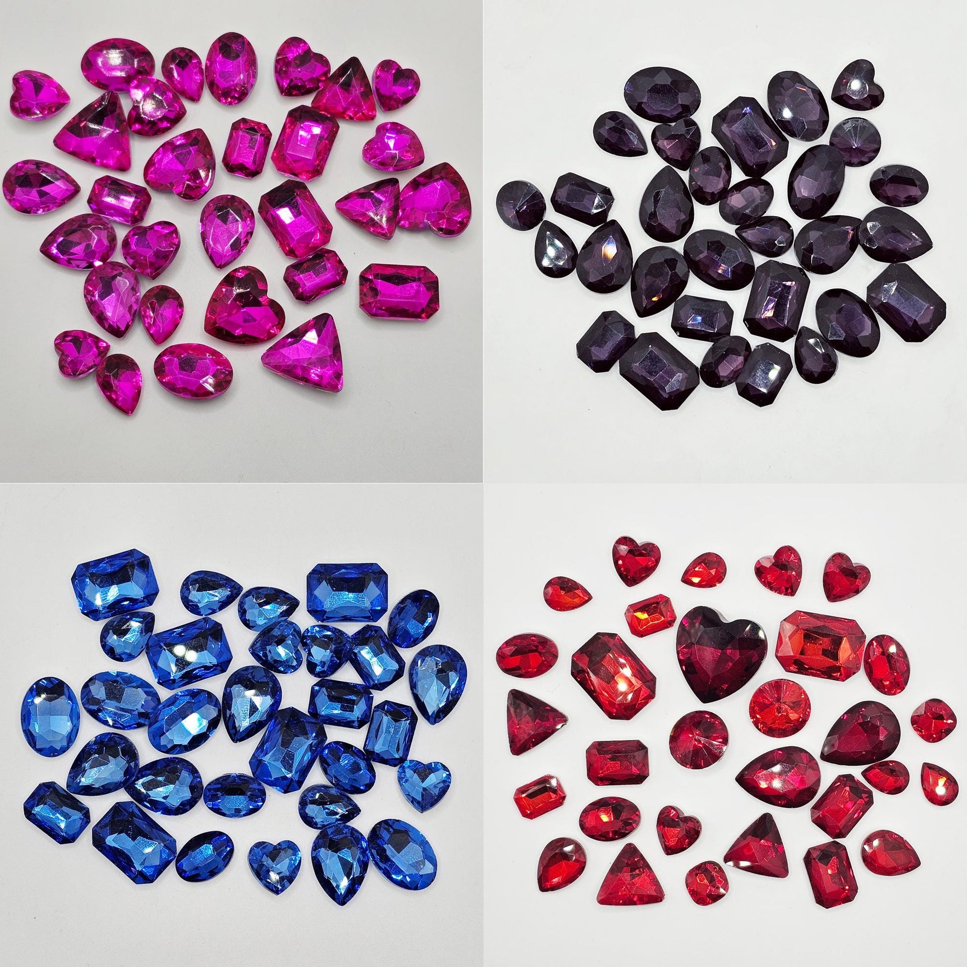 30 Pcs Assorted Shapes & Sizes Glass Point Back Gems Jewels Rhinestones Hearts Teardrop Rectangle Oval 10x14mm 13x18mm 18x25mm Choose Color