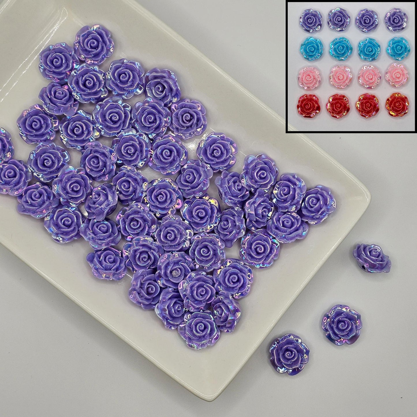 10/30 Pcs Iridescent color rose flower Beads Cabochon Resin Flat Back Cabochons, Loose Beads, charms with hole 18mm #CAB111