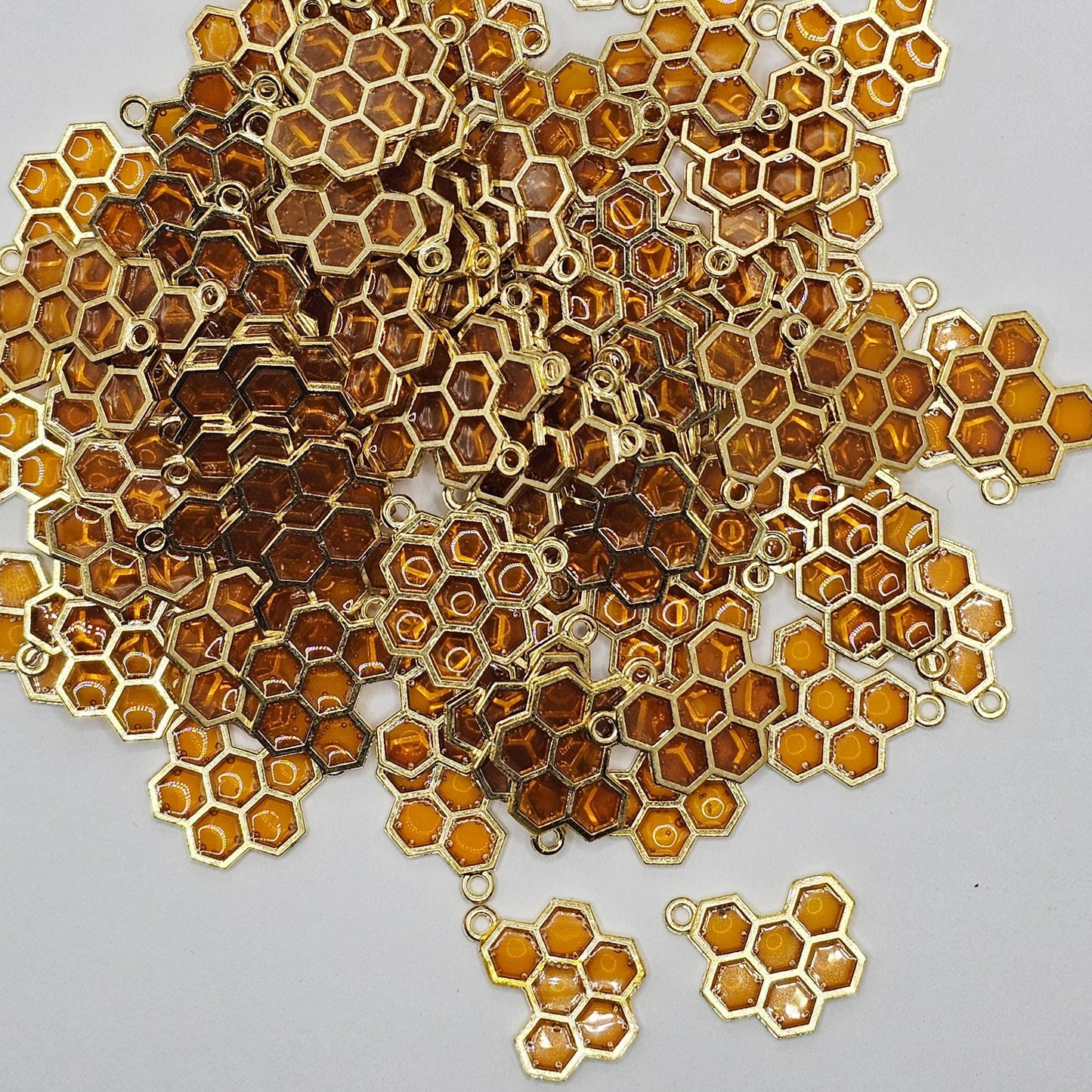 6/15/30 Pcs Honeycomb Charms, Yellow Resin Bee Hive Gold Tone Charm, #CM113