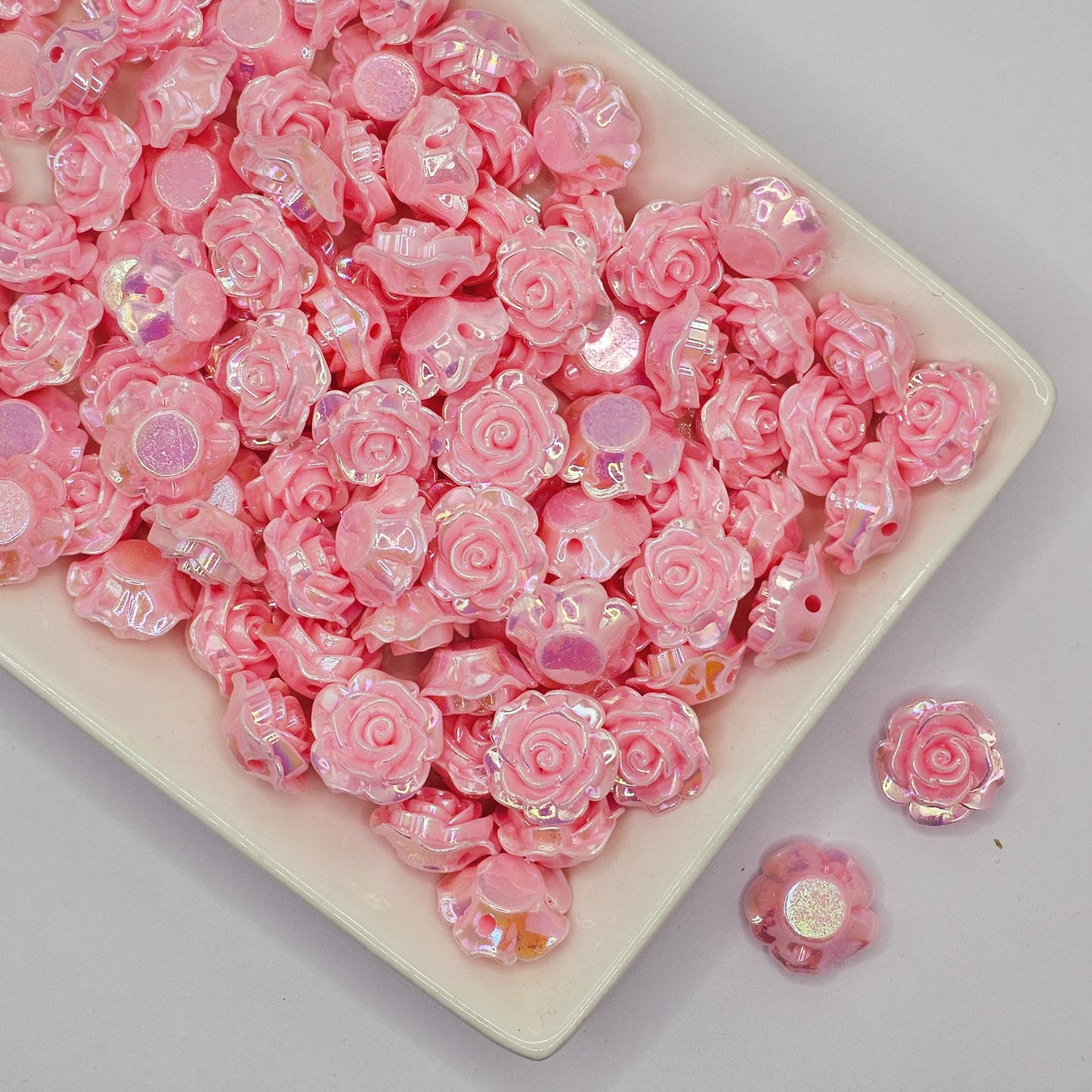 10/30 Pcs Iridescent color rose flower Beads Cabochon Resin Flat Back Cabochons, Loose Beads, charms with hole 18mm #CAB111
