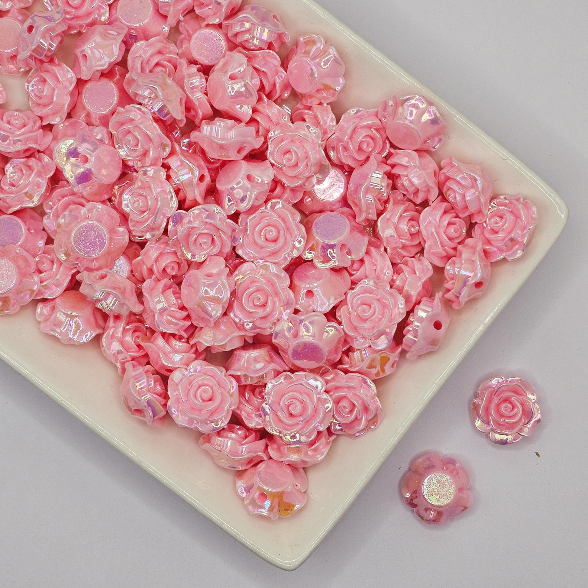 10/30 Pcs Iridescent color rose flower Beads Cabochon Resin Flat Back Cabochons, Loose Beads, charms with hole 18mm #CAB111
