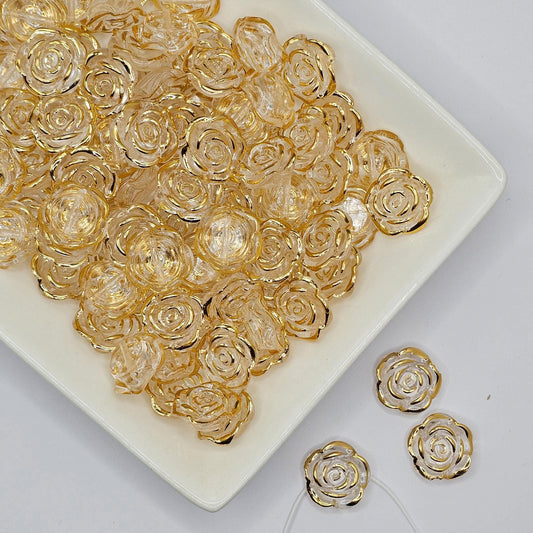 10/30 Pcs Gold Trim Transparent Rose flower Cabochon Resin Flat Back Cabochons, Beads, charms with hole 18mm #CAB187