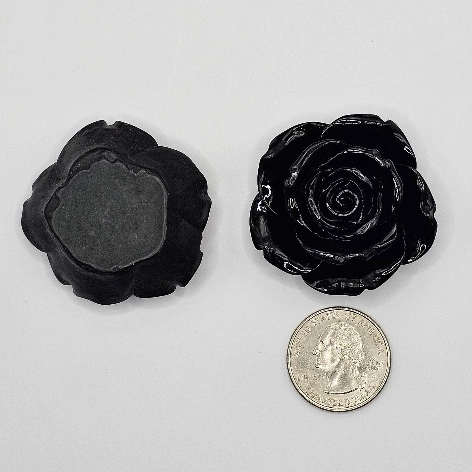 6 Pcs Gloss Finished Large Black Rose Flower Resin Flatback Cabochons #CAB199