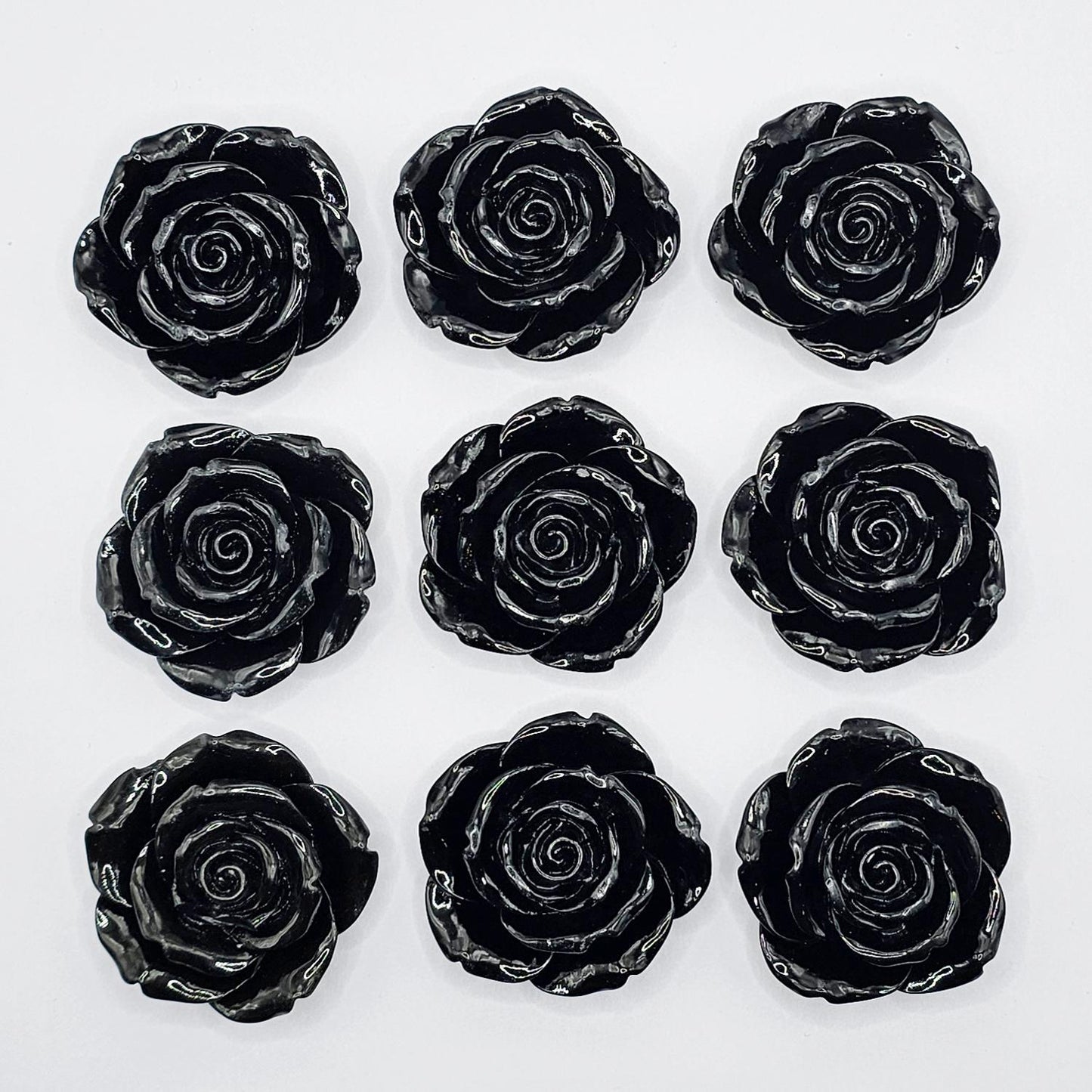 6 Pcs Gloss Finished Large Black Rose Flower Resin Flatback Cabochons #CAB199