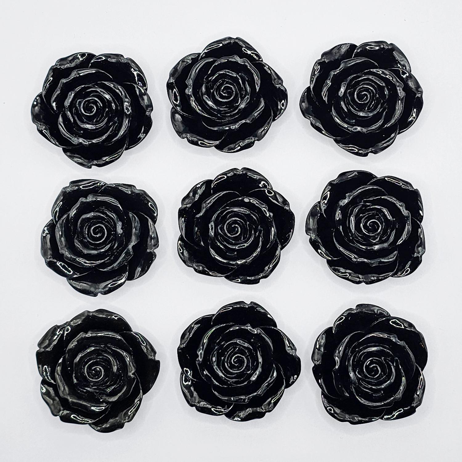 6 Pcs Gloss Finished Large Black Rose Flower Resin Flatback Cabochons #CAB199