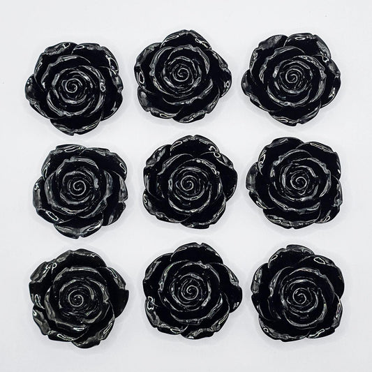 6 Pcs Gloss Finished Large Black Rose Flower Resin Flatback Cabochons #CAB199