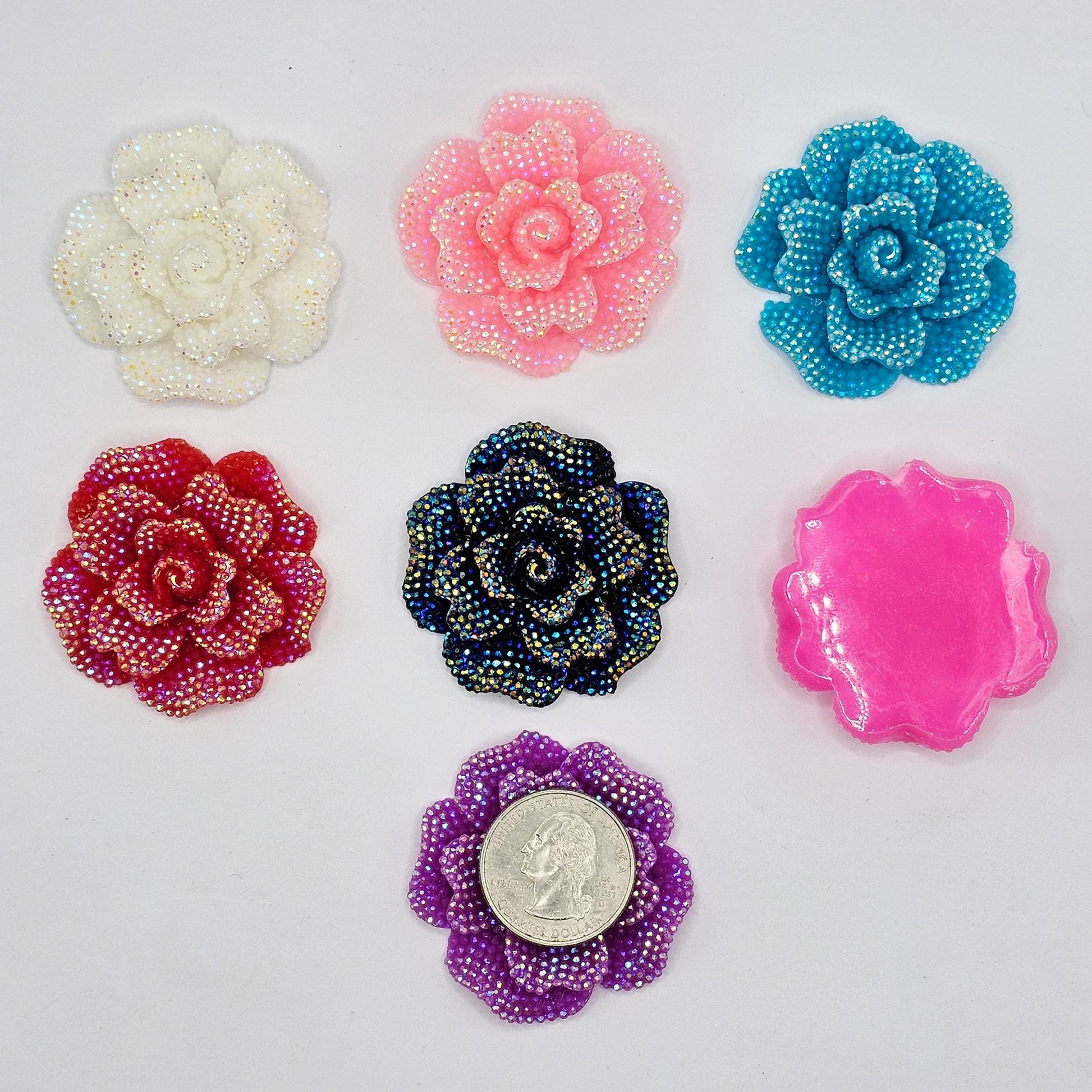 1/5/10 Pcs Large Faux Rhinestone Rose Flower Cabochon Resin Flatback Flower 40mm