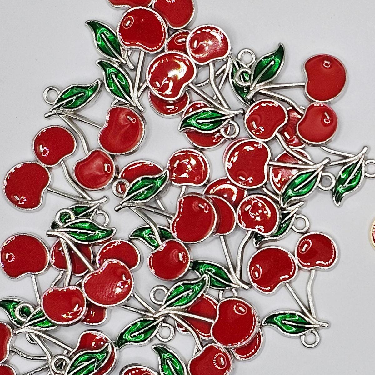10/30 Pcs Cherry Enameled Charms Silver Tone Gold Tone Cherry Fruits #CM116