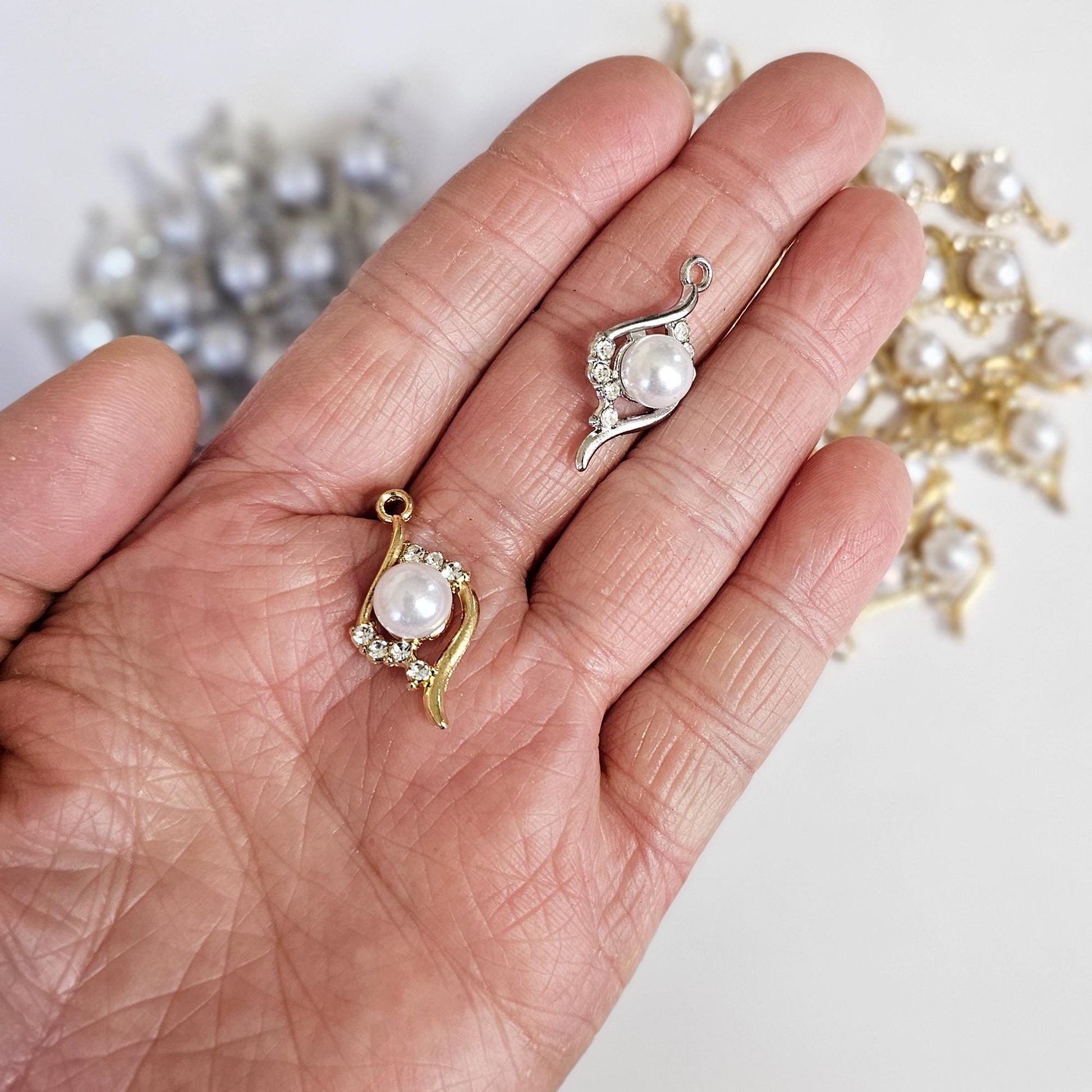 6/15/30 Pcs Faux Pearl Drop Rhinestone Charms Silver Tone Gold Tone Pearl Pendant Charm #CM117