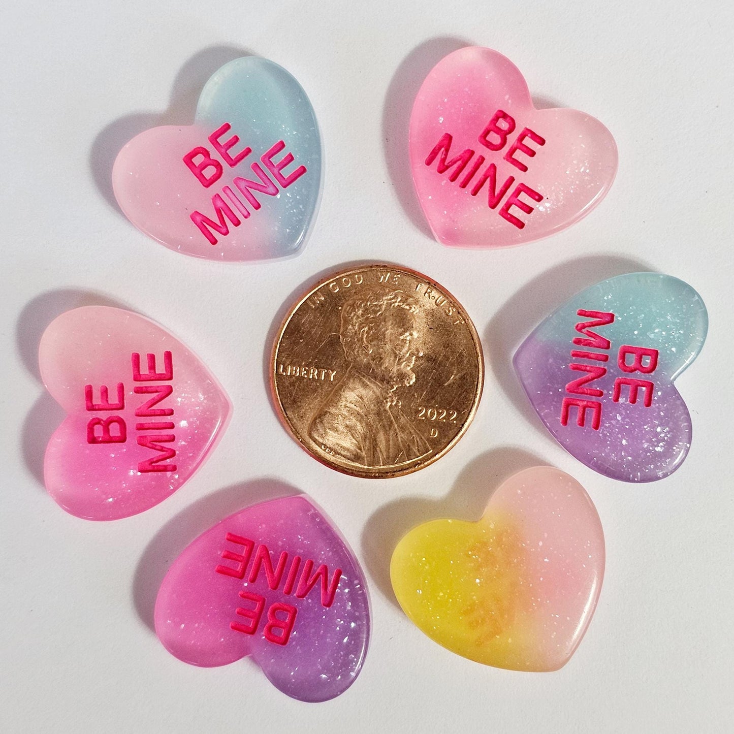 5/15/25 Pcs "BE MINE" Glittery Conversation Heart Cabochons, Valentines Resin Flatback Cabochon #CAB221
