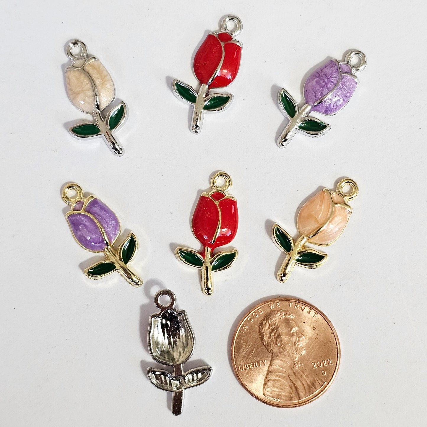 10/30 Pcs Enamel Tulip Flower Silver Gold Tone Charm, Flower Pendant Charms #CM118
