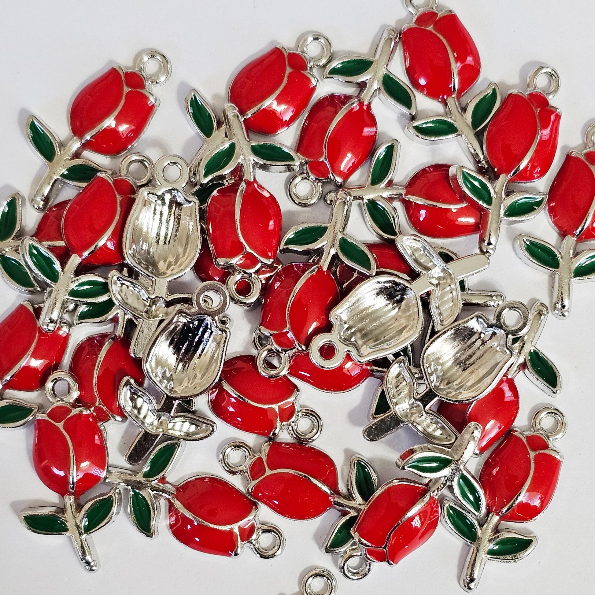 10/30 Pcs Enamel Tulip Flower Silver Gold Tone Charm, Flower Pendant Charms #CM118