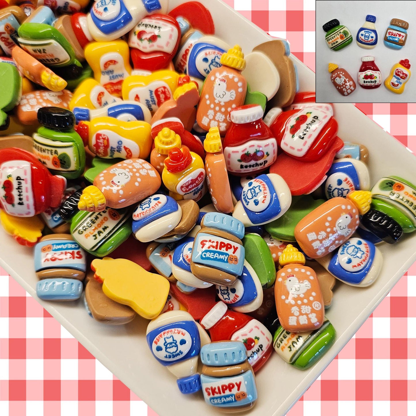 6/24 Pcs Cabochons Resin Miniature Condiments Spices Sauce peanut butter Ketchup Mustard Mayonnaise Flatback Deco #CAB034