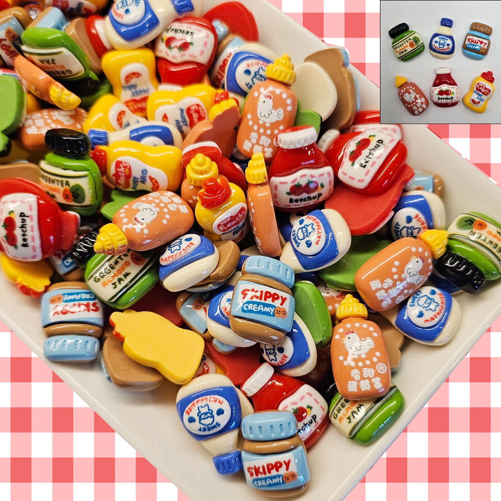 6/24 Pcs Cabochons Resin Miniature Condiments Spices Sauce peanut butter Ketchup Mustard Mayonnaise Flatback Deco #CAB034