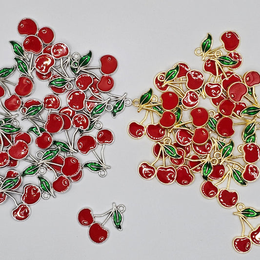 10/30 Pcs Cherry Enameled Charms Silver Tone Gold Tone Cherry Fruits #CM116