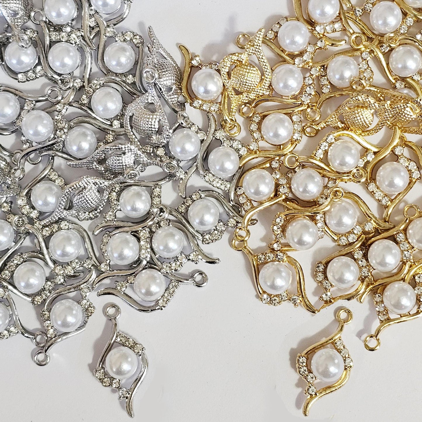 6/15/30 Pcs Faux Pearl Drop Rhinestone Charms Silver Tone Gold Tone Pearl Pendant Charm #CM117