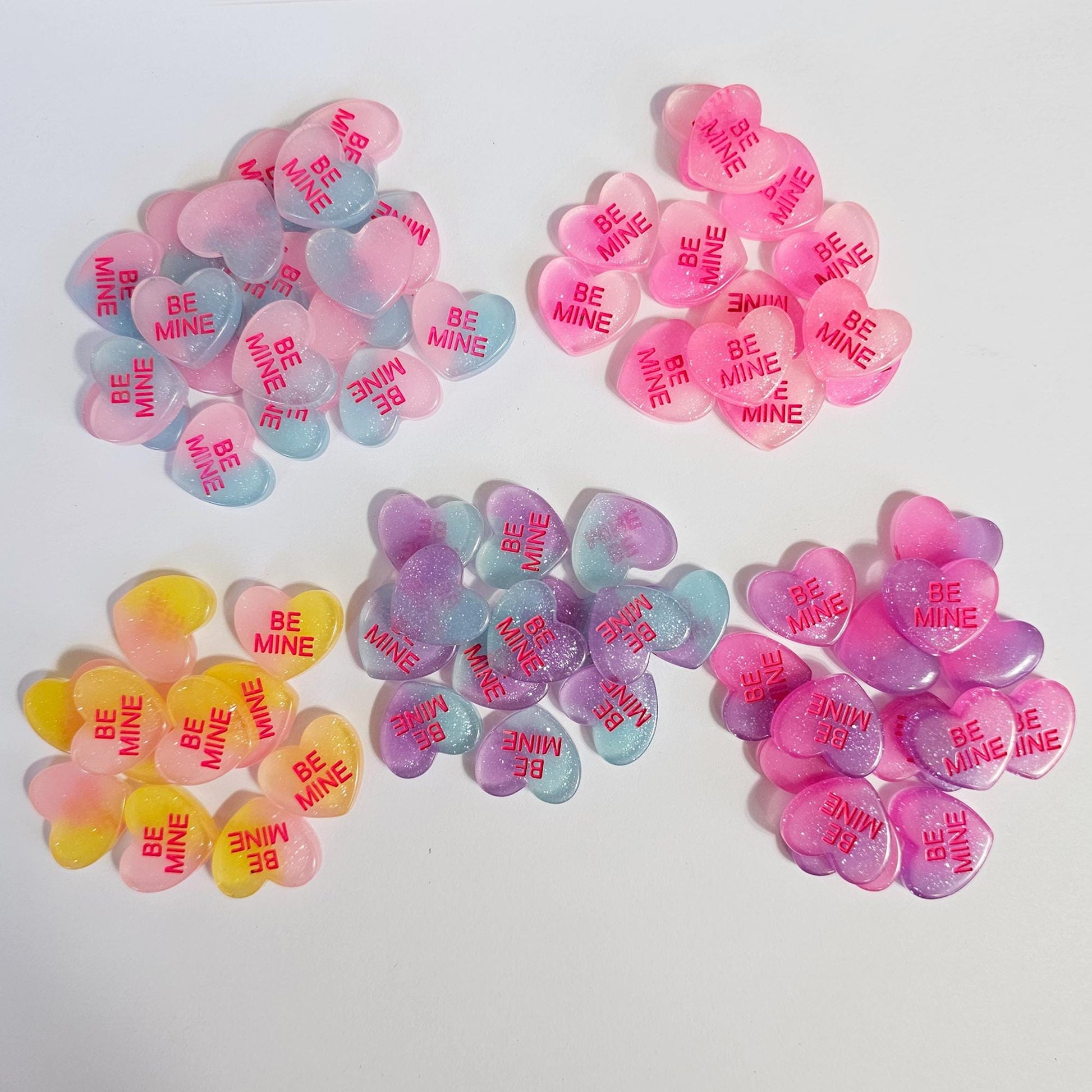 5/15/25 Pcs "BE MINE" Glittery Conversation Heart Cabochons, Valentines Resin Flatback Cabochon #CAB221