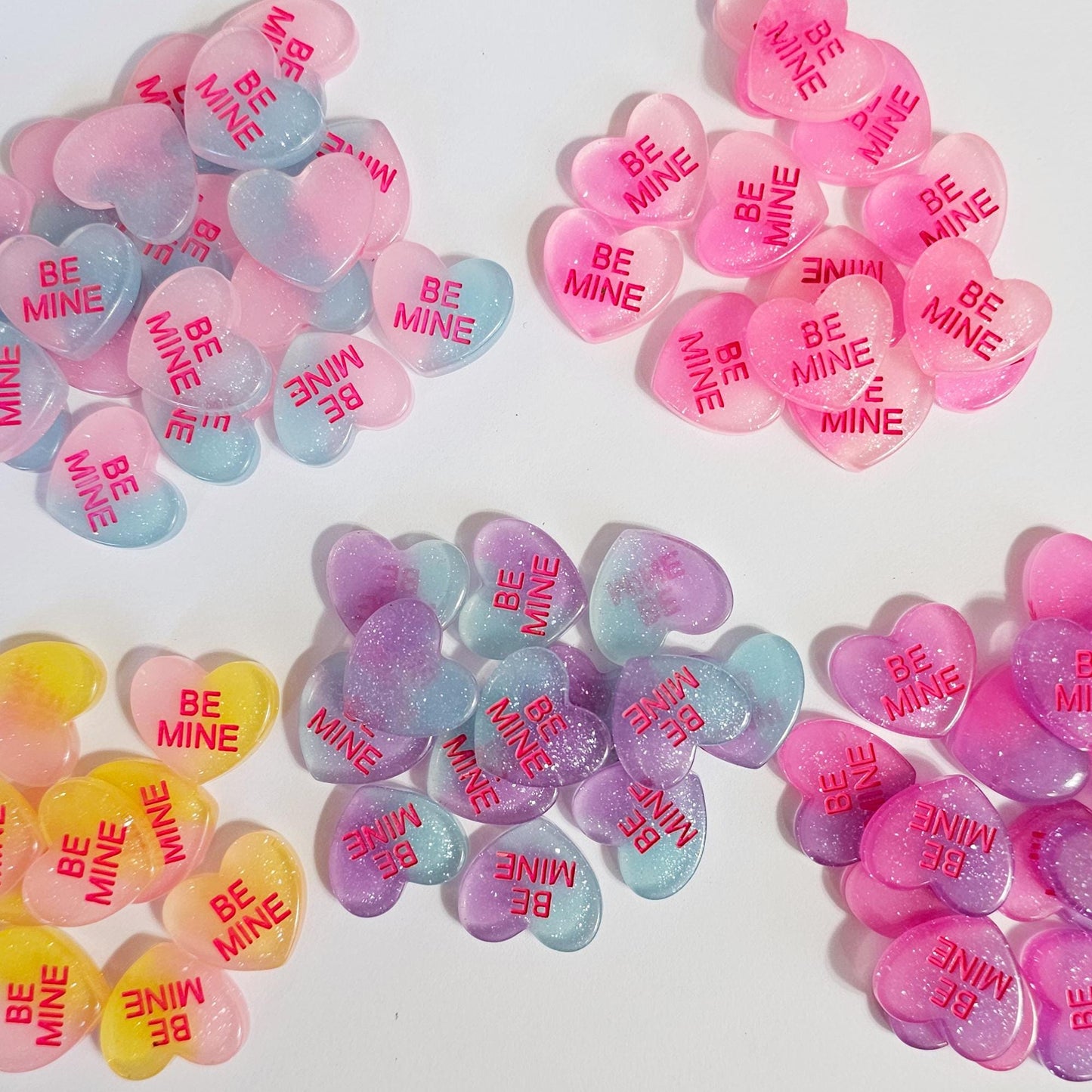5/15/25 Pcs "BE MINE" Glittery Conversation Heart Cabochons, Valentines Resin Flatback Cabochon #CAB221