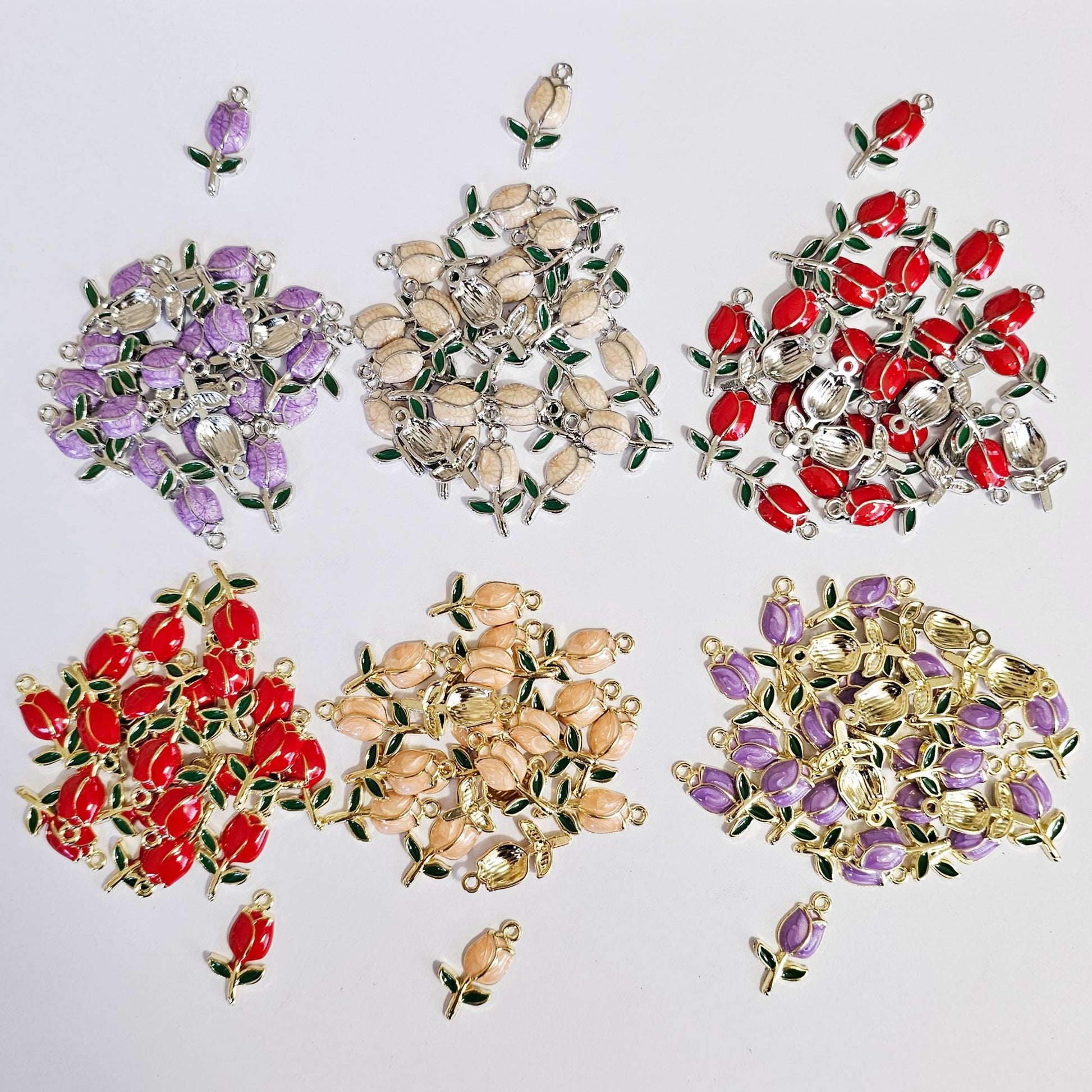 10/30 Pcs Enamel Tulip Flower Silver Gold Tone Charm, Flower Pendant Charms #CM118