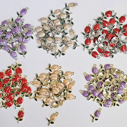 10/30 Pcs Enamel Tulip Flower Silver Gold Tone Charm, Flower Pendant Charms #CM118