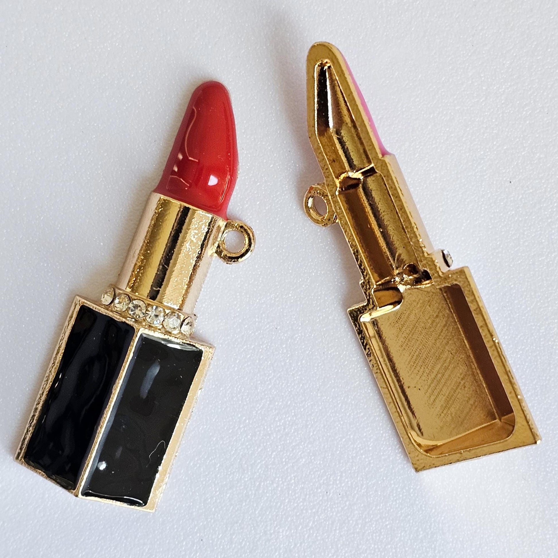 2 Pcs Rhinestone Lipstick Alloy Gold Bling Embellishment Gorgeous Luxury Sparkling Cabochon DIY 50mm X 18 mm