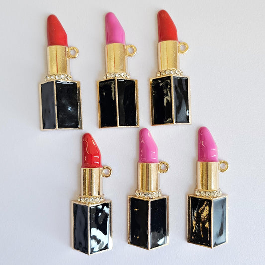 2 Pcs Rhinestone Lipstick Alloy Gold Bling Embellishment Gorgeous Luxury Sparkling Cabochon DIY 50mm X 18 mm