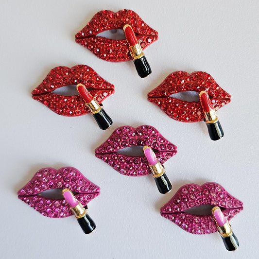 2 Pcs Rhinestone Lips Alloy Gold Bling Embellishment Gorgeous Luxury Sparkling Cabochon DIY 32mm X 25 mm