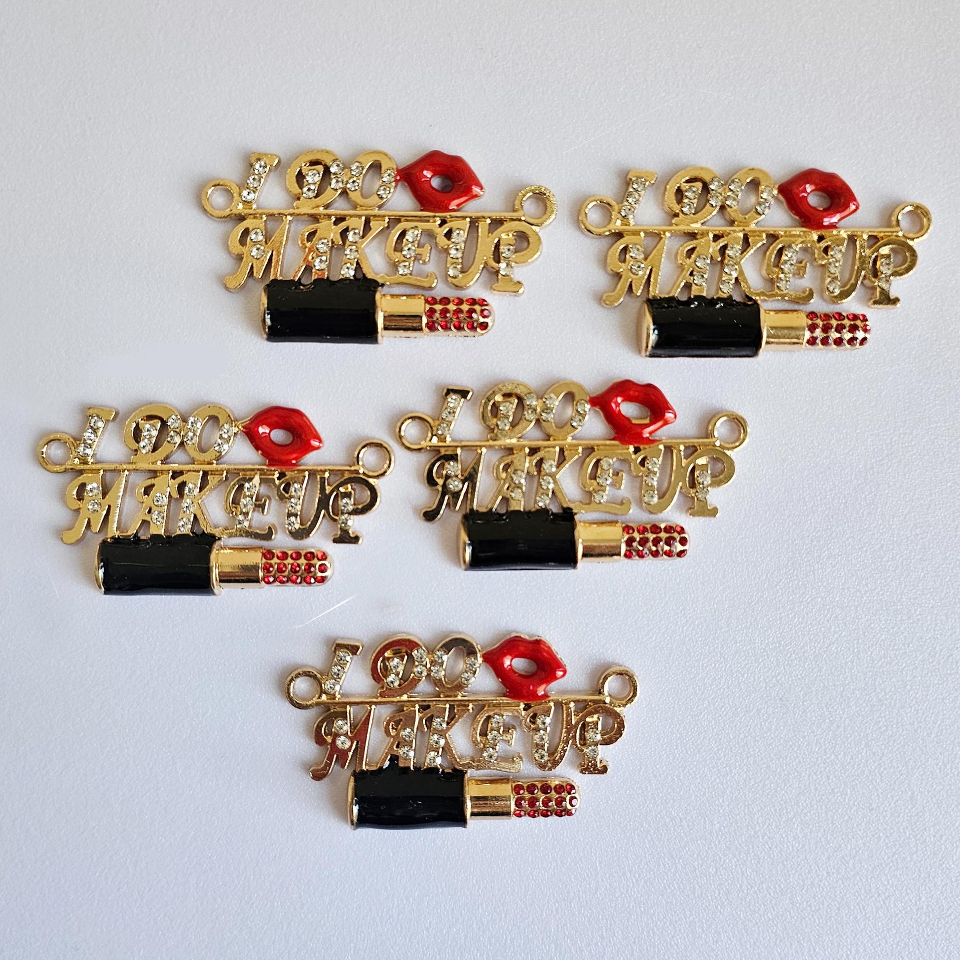 2 Pcs Rhinestone "I DO Lip MAKEUP" Lipstick Alloy Gold Bling Embellishment Gorgeous Luxury Sparkling Cabochon DIY 52mm X 25 mm