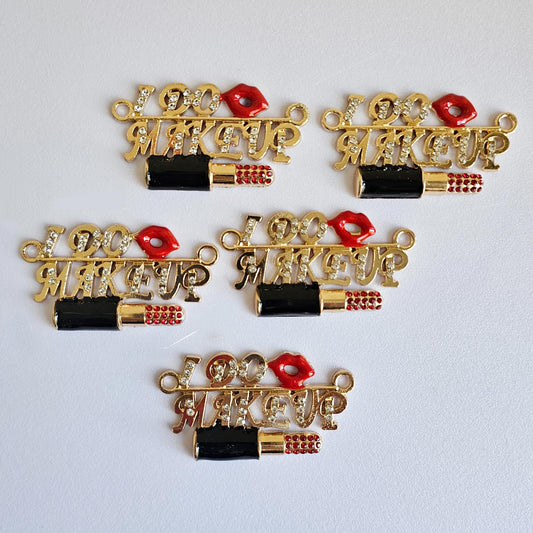 2 Pcs Rhinestone "I DO Lip MAKEUP" Lipstick Alloy Gold Bling Embellishment Gorgeous Luxury Sparkling Cabochon DIY 52mm X 25 mm