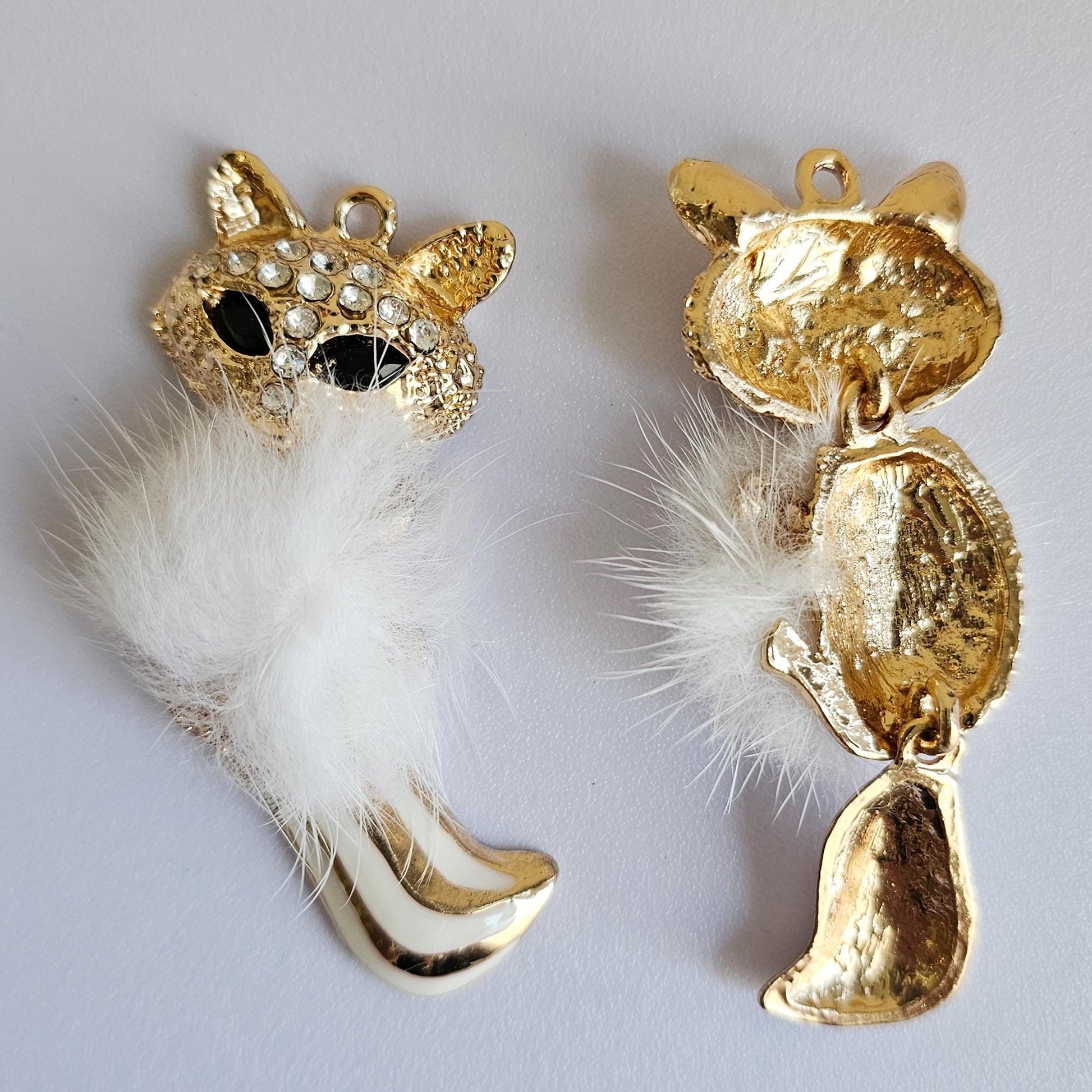 2 Pcs Rhinestone Furry Fox Alloy Gold Bling Gorgeous Luxury Sparkling Plush Fox Charm Pendant DIY 70mm X 27mm