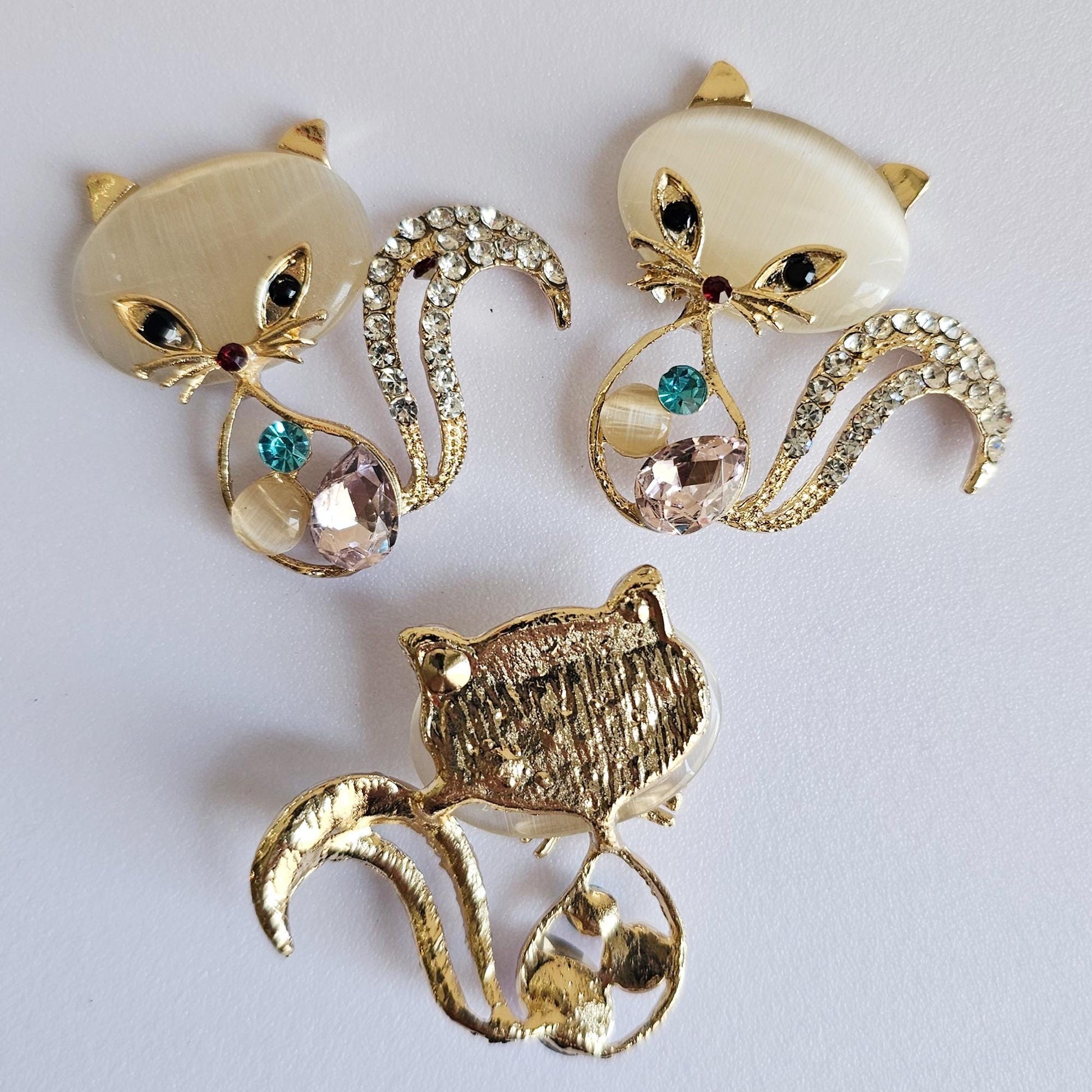 2 Pcs Rhinestone Cat Kitty Gold Alloy Bling Gorgeous Luxury Sparkling Cabochon DIY 40mm X 40 mm