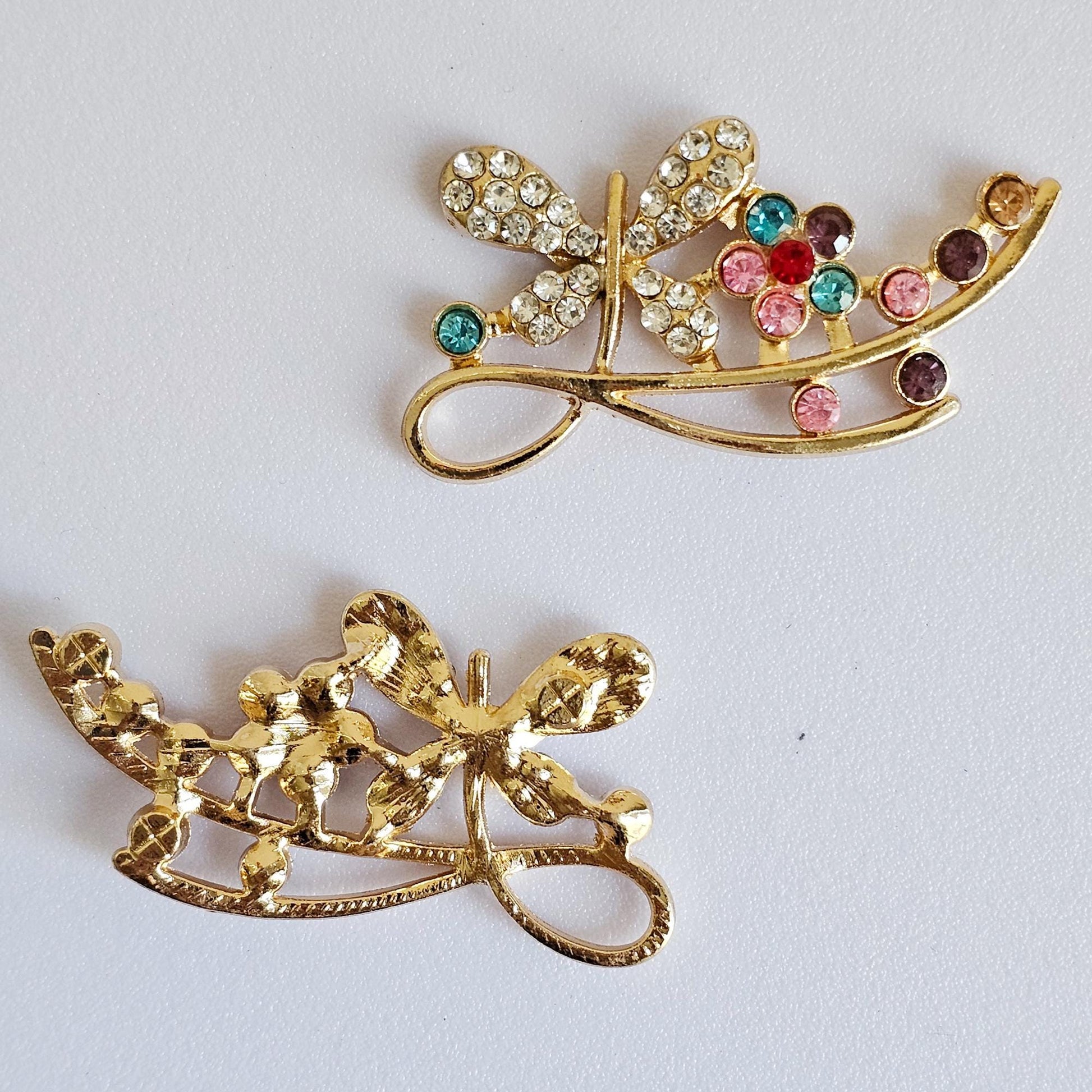 2 Pcs Rhinestone Butterfly Gold Bling Gorgeous Luxury Sparkling Embellishment DIY 50mm X 25mm