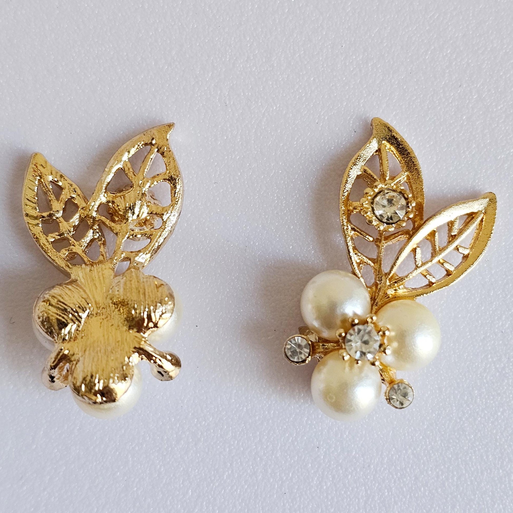 4 Pcs Rhinestone Pearl Flower Leaves Alloy Gold Bling Gorgeous Luxury Sparkling Embellishment DIY 32mm X 15mm