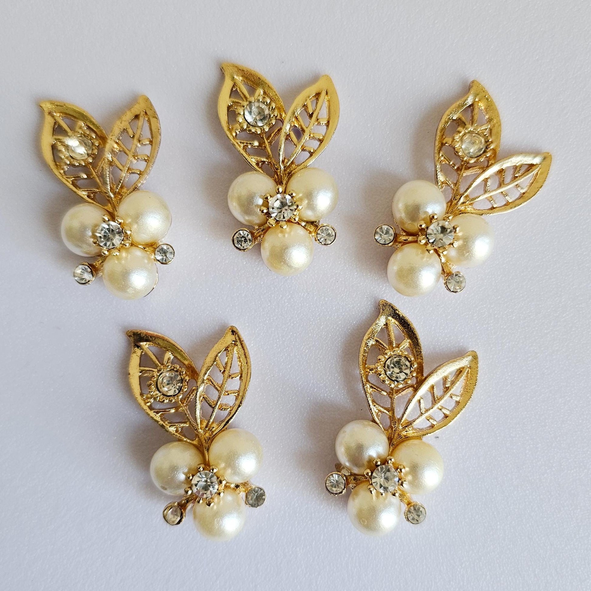 4 Pcs Rhinestone Pearl Flower Leaves Alloy Gold Bling Gorgeous Luxury Sparkling Embellishment DIY 32mm X 15mm