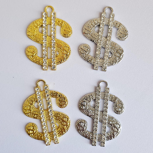 2 Pcs Rhinestone Dollar Sign Alloy Bling Gorgeous Luxury Sparkling Embellishment Cabochon Pendant Charm 50mm X 35mm