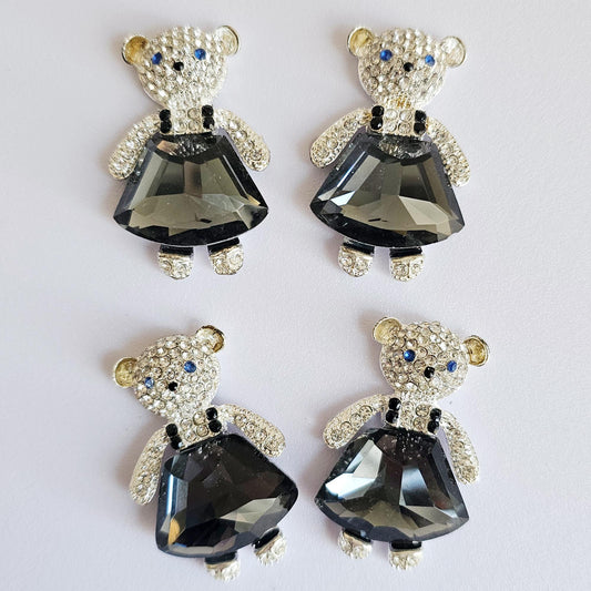 2 Pcs Rhinestone Bear Alloy Silver Bling Gorgeous Luxury Sparkling Embellishment DIY 40mm X 27mm