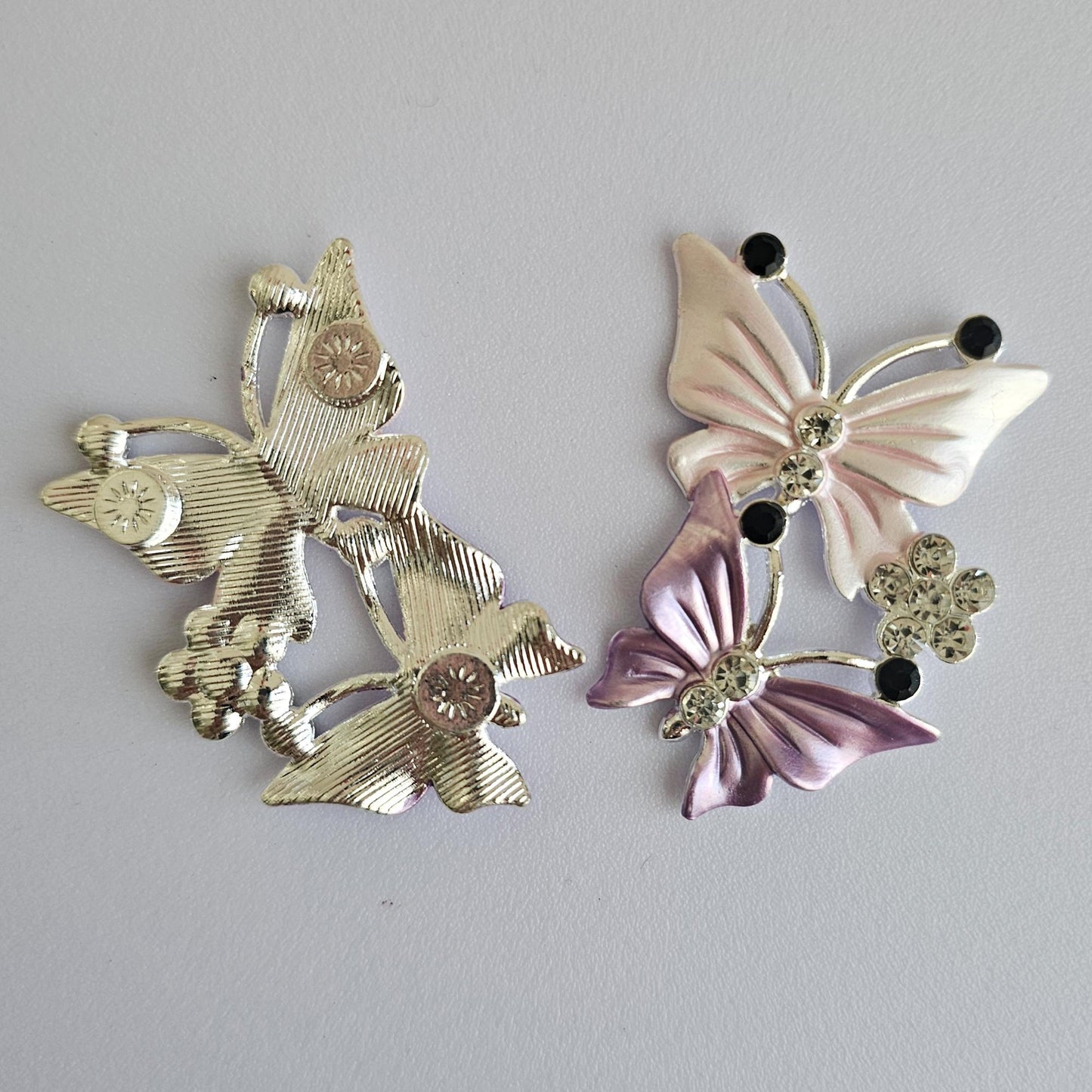 2 Pcs Rhinestone Pink Purple Butterfly Alloy Gold Bling Gorgeous Luxury Sparkling embellishment DIY 50mm X 35mm