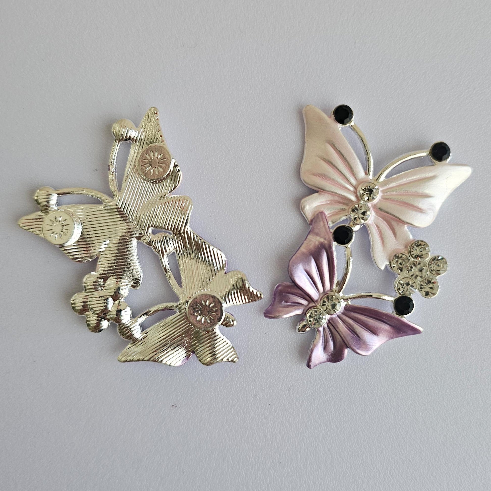 2 Pcs Rhinestone Pink Purple Butterfly Alloy Gold Bling Gorgeous Luxury Sparkling embellishment DIY 50mm X 35mm