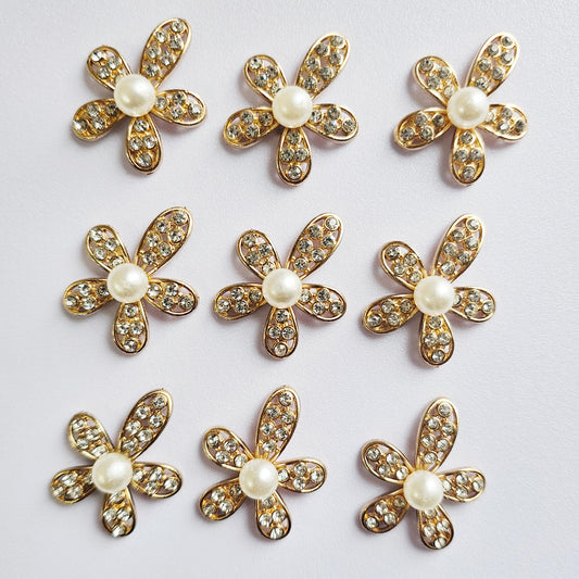 4 Pcs Rhinestone Pearl Flower Alloy Gold Bling Gorgeous Luxury Sparkling Embellishment DIY 26mm x 30mm