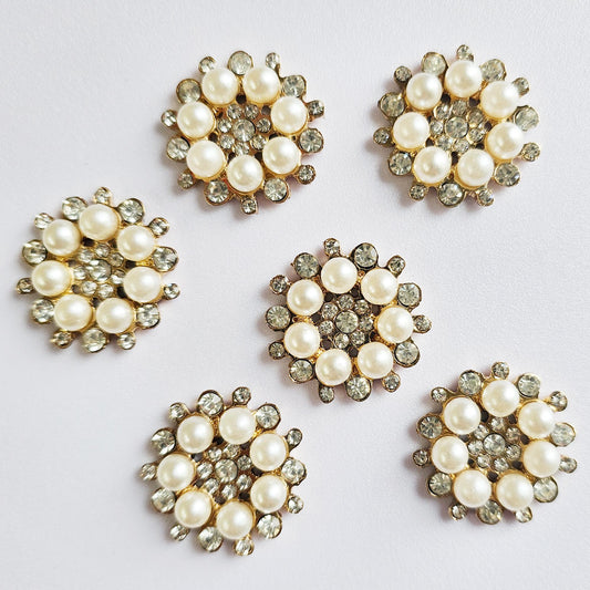 4 Pcs Rhinestone Pearl Flower Alloy Gold Bling Gorgeous Luxury Sparkling Embellishment DIY 27mm