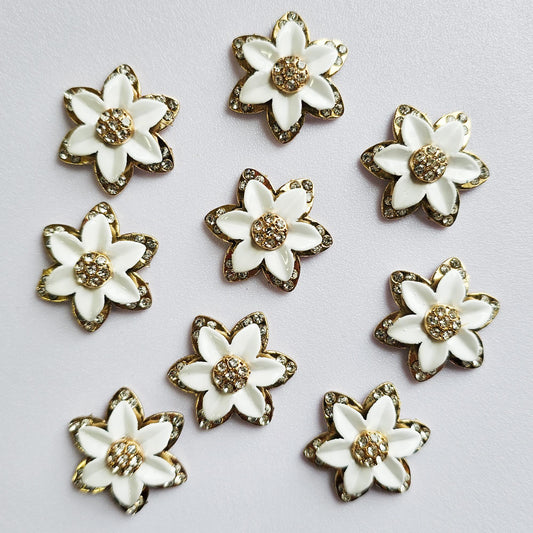 4 Pcs Rhinestone White Flower Alloy Gold Bling Gorgeous Luxury Sparkling Embellishment DIY 25mm