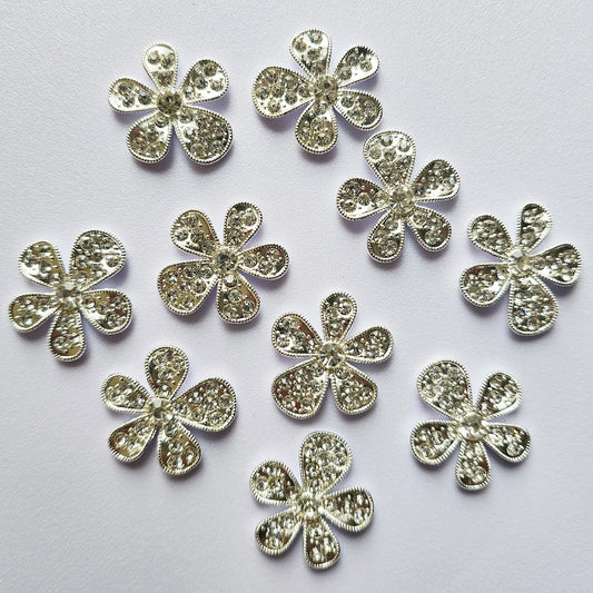 4 Pcs Rhinestone Flower Alloy Silver Bling Gorgeous Luxury Sparkling Embellishment DIY 25mm